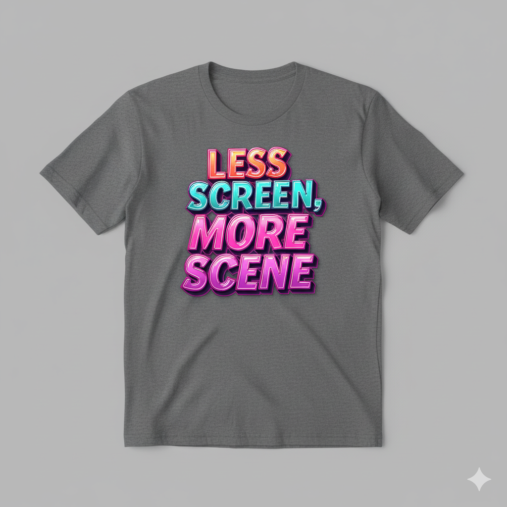 🧭 Less Screen More Scene – Digital Detox Lifestyle Tee 🌿 | Minimal Typography Graphic Shirt | Outdoor Escape Mood 🌅