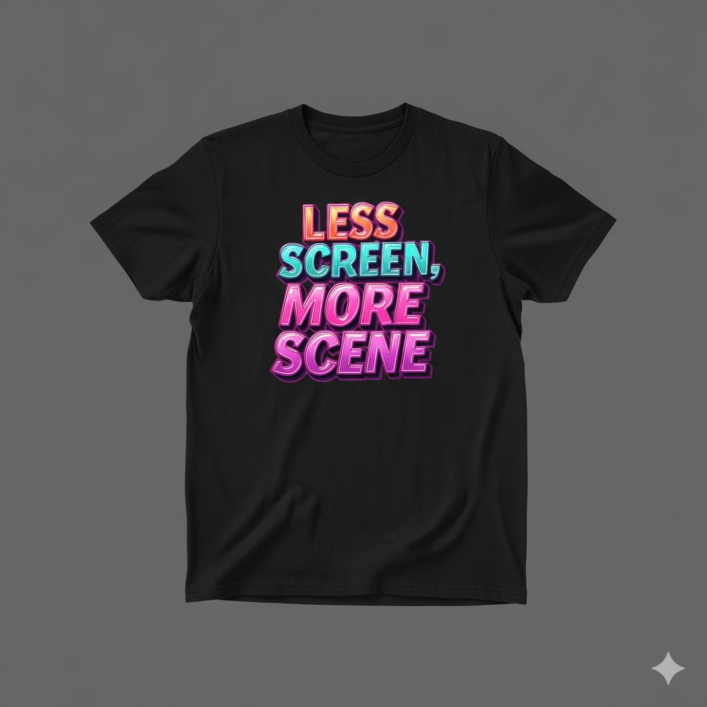 🧭 Less Screen More Scene – Digital Detox Lifestyle Tee 🌿 | Minimal Typography Graphic Shirt | Outdoor Escape Mood 🌅