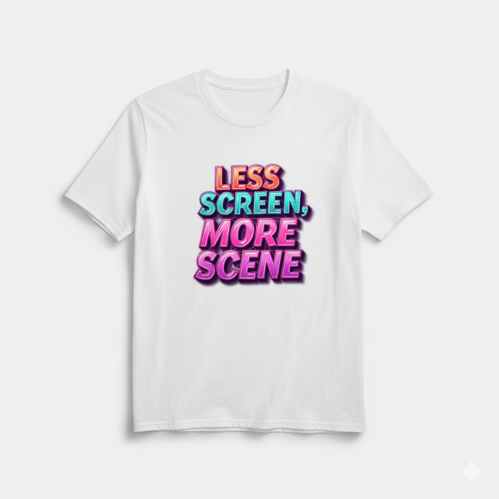🧭 Less Screen More Scene – Digital Detox Lifestyle Tee 🌿 | Minimal Typography Graphic Shirt | Outdoor Escape Mood 🌅